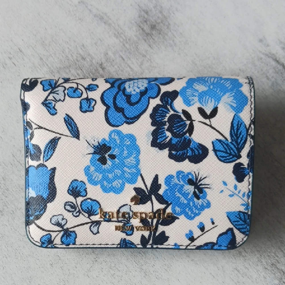 Kate Spade Madison Vase Floral Printed Med Blue White Leather Wallet